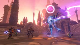 A screenshot of WoW Forever. A group of heroes fight a glowing enemy in an elven city.