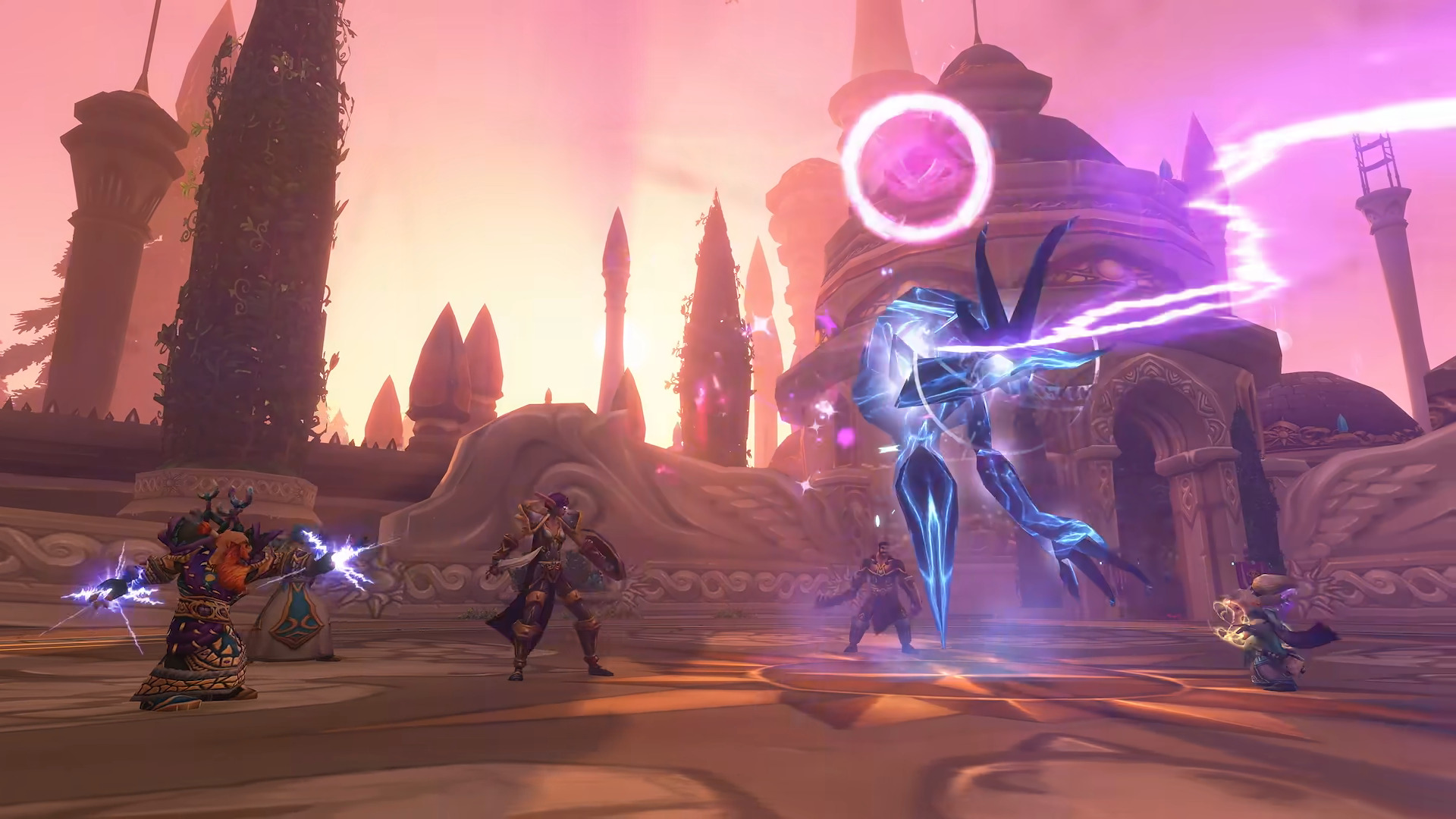 A screenshot of WoW Forever. A group of heroes fight a glowing enemy in an elven city.