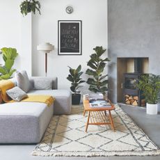 A living room with a modern grey low sofa, a Berber-style rug and a retro coffee table