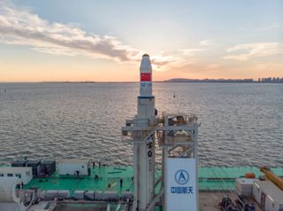 A Chinese Long March 11 rocket astands atop country's sea-based platform De Bo 3 in the Yellow Sea ahead of a Sept. 15, 2020 launch. 