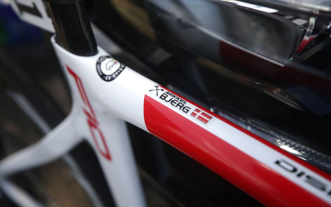 Mikkel Bjerg's name and national flag adorn the top tube