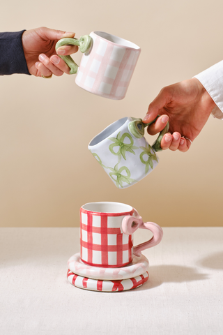 Hand Painted Bow Handle Mug - Red Gingham