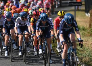 MONTIGNAC-LASCAUX, FRANCE - JULY 25: (L-R) Charlotte Kool of The Netherlands and Team dsm-firmenich and Pfeiffer Georgi of The United Kingdom and Team dsm-firmenich compete during the 2nd Tour de France Femmes 2023, Stage 3 a 147.2km stage from Collonges-la-Rouge to Montignac-Lascaux / #UCIWWT / on July 25, 2023 in Montignac-Lascaux, France. (Photo by Alex Broadway/Getty Images)