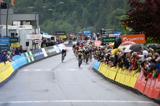 Rune Herregodts (Intermarché - Circus - Wanty) is caught in the final meters of stage 1 of Criterium du Dauphine