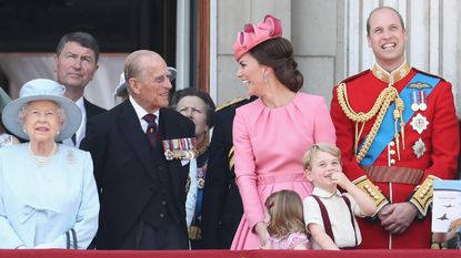 Queen Elizabeth II, Prince Philip, Duke of Edinburgh, Catherine, Duchess of Cambridge, Princess Charlotte of Cambridge, Prince George of Cambridge and Prince William, Duke of Cambridge look out from the balcony of Buckingham Palace during the Trooping the Colour parade on June 17, 2017 in London, England. Royal family nicknames