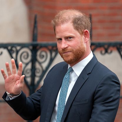 LONDON, ENGLAND - APRIL 8: Prince Harry, Duke of Sussex waves as he leaves the High Court on April 8, 2025 in London, England. Prince Harry arrived in the UK this morning to attend court for his appeal against the downgrading of his security detail for family visits to the UK. (Photo by Carl Court/Getty Images)
