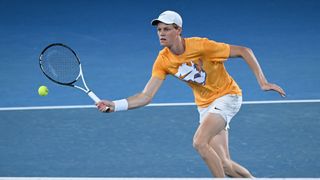 Italy&#039;s Jannik Sinner hits a return during a practice session in Melbourne ahead of the Australian Open 2025