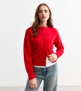 Red Soft Knit Crew Neck Cardigan