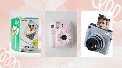 Instax camera Cyber Monday deals 2023 - compost of a pack of film, a pink mini 12 camera and a square instax camera 