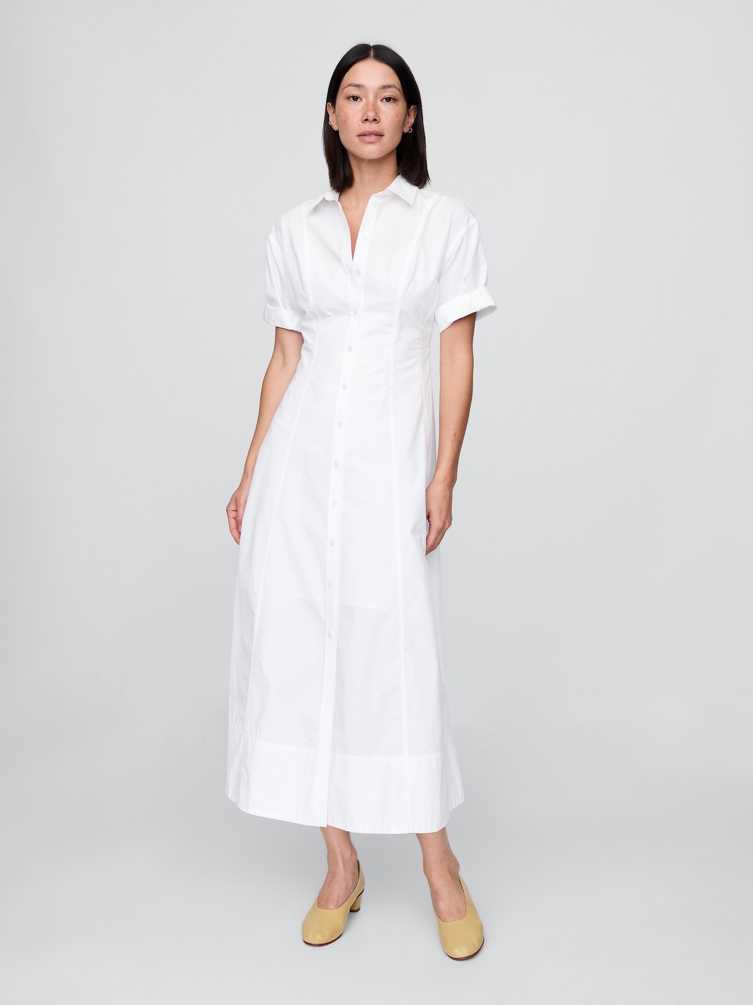 Poplin Roll-Cuff Midi Shirtdress