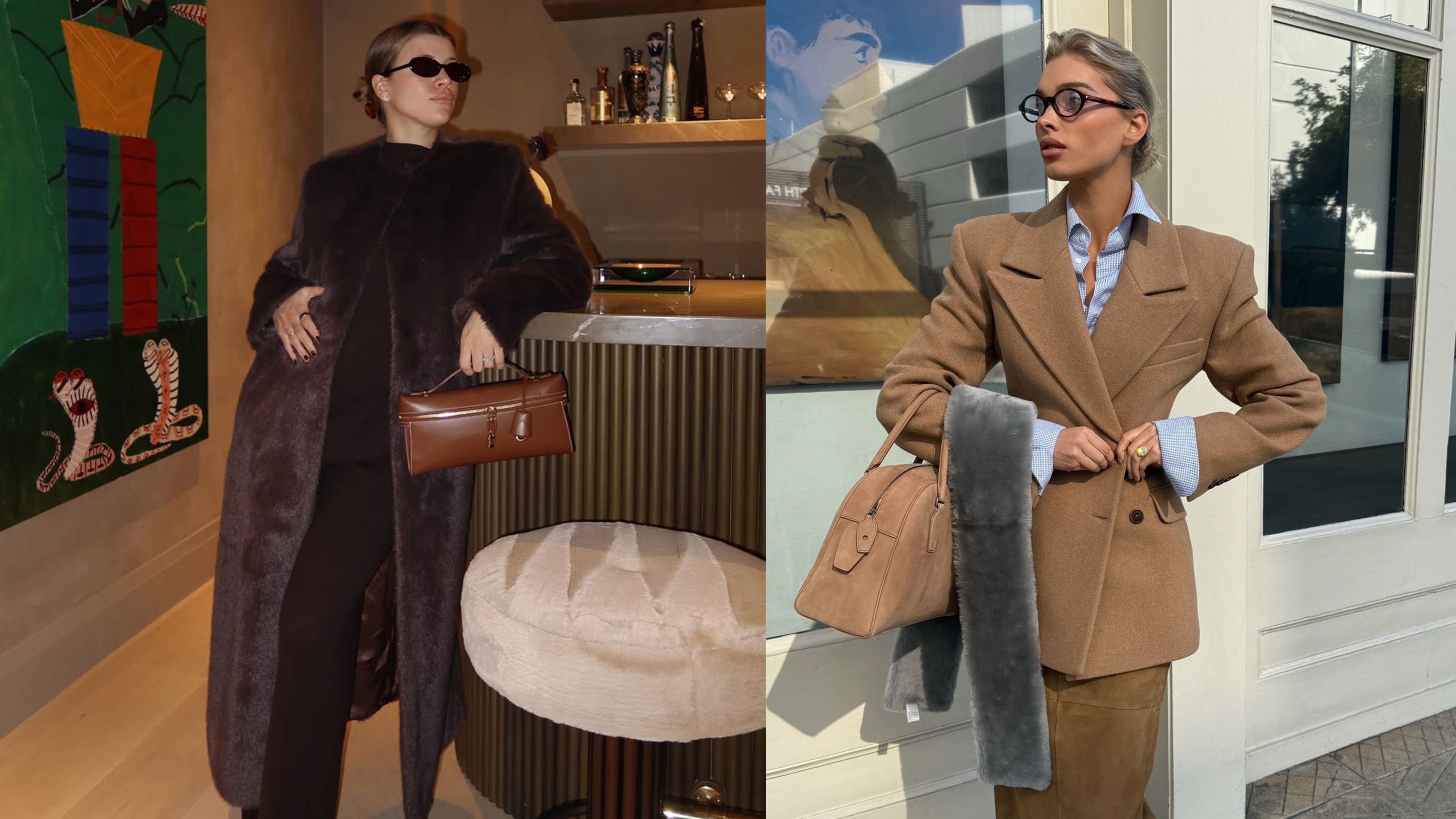 Elsa Hosk wearing a camel blazer from her Revolve brand Helsa, and Sofia Richie Grainge wearing a brown coat from SRG.