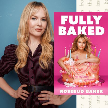a split image of comedian rosebud baker opposite the cover of her memoir fully baked with her posing in front of a pink cake 