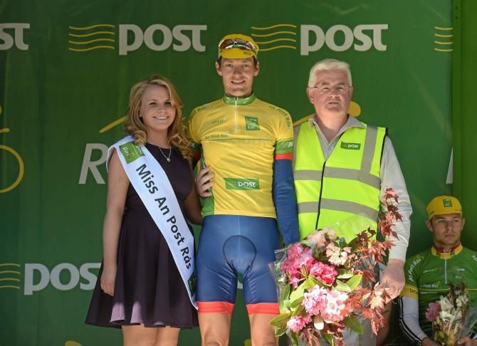 Marcin Bialoblocki (UK Youth Pro Cycling) holds onto the yellow jersey