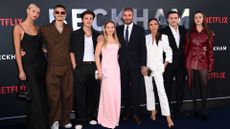 (L-R) Mia Regan, Romeo Beckham, Cruz Beckham, Harper Beckham, David Beckham, Victoria Beckham, Brooklyn Beckham and Nicola Peltz attend the Netflix 'Beckham' UK Premiere at The Curzon Mayfair in 2023