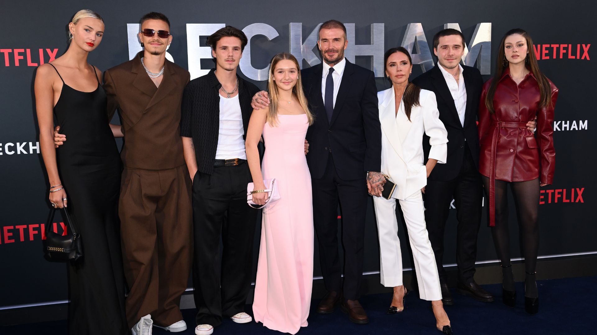(L-R) Mia Regan, Romeo Beckham, Cruz Beckham, Harper Beckham, David Beckham, Victoria Beckham, Brooklyn Beckham and Nicola Peltz attend the Netflix 'Beckham' UK Premiere at The Curzon Mayfair in 2023