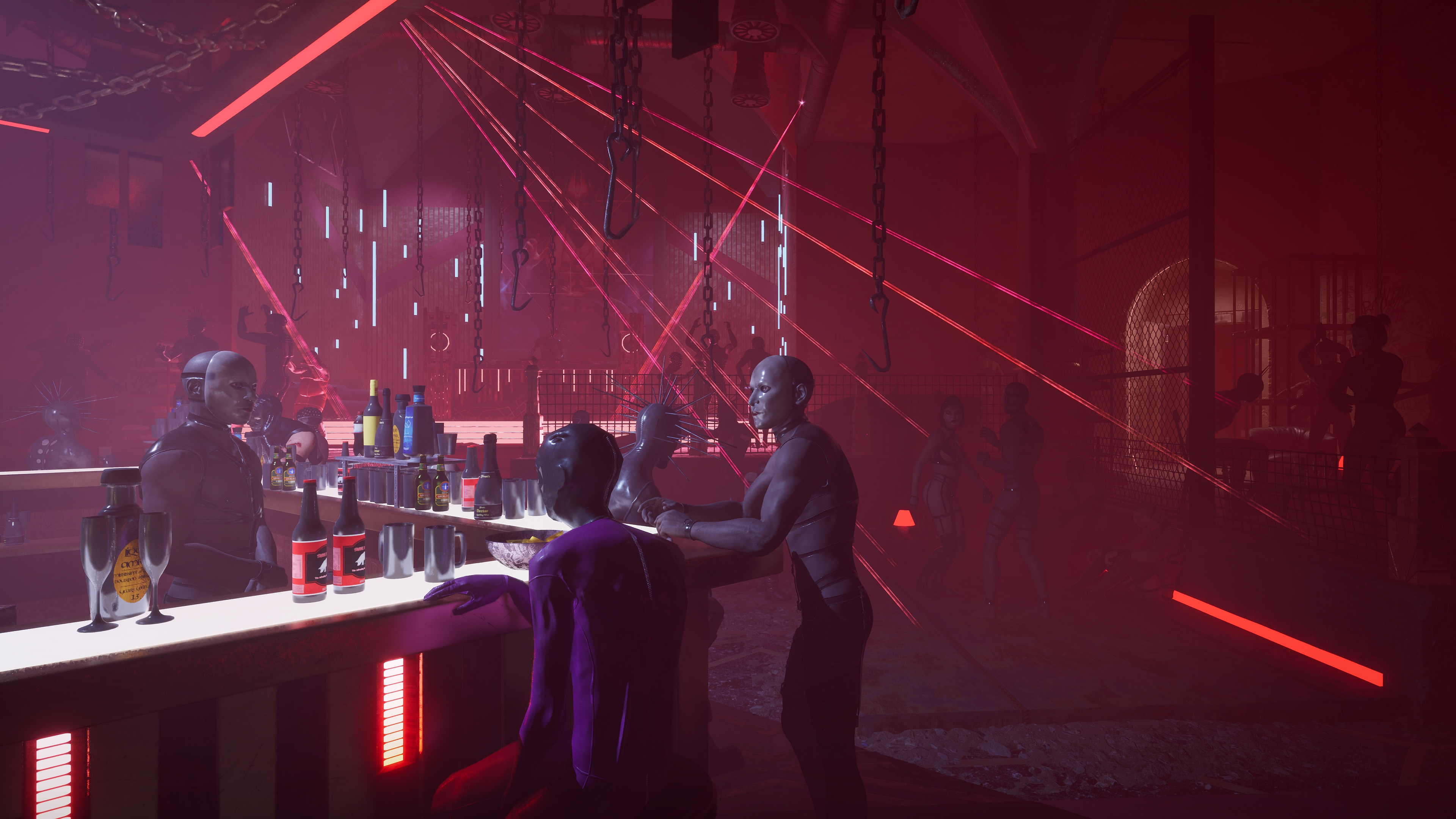 A screenshot shows a dimly lit bar with red laser lights and chains reaching down from the ceiling