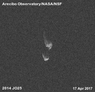 The Aricebo Observatory caught this radio image of the asteroid 2014 JO25 on April 17, 2017, as the large, peanut-shaped asteroid neared its closet approach to Earth.