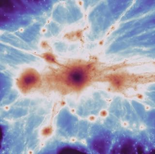 A massive galaxy cluster from the C-EAGLE simulation, providing a view of a region comparable to the one where the filaments have been detected. The color map represents the same emission from the gas filaments as the one detected in observations. At the convergence of these filaments, a massive cluster of galaxies is assembling.