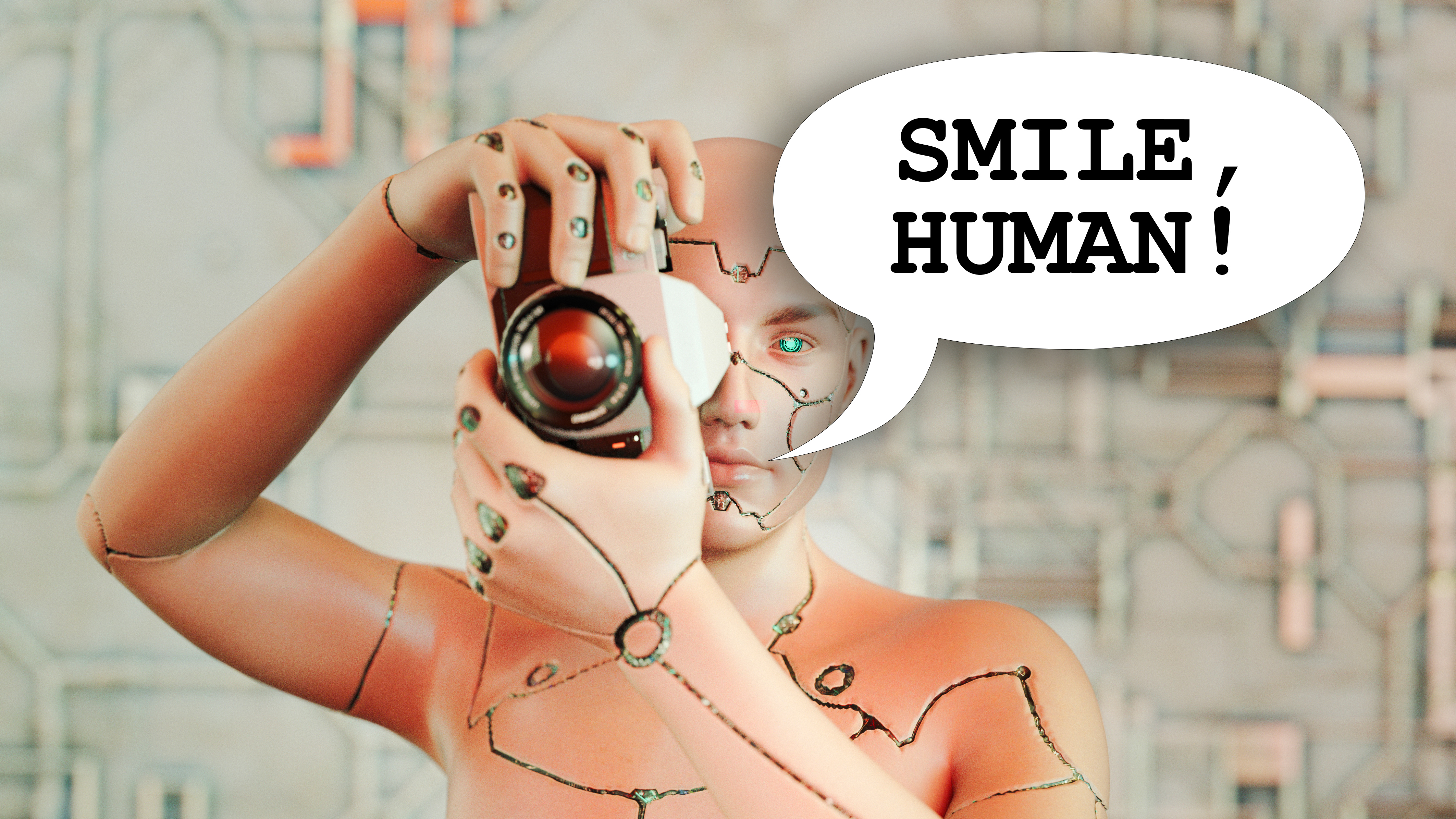 A cyborg with a camera saying "Smile, Human!"