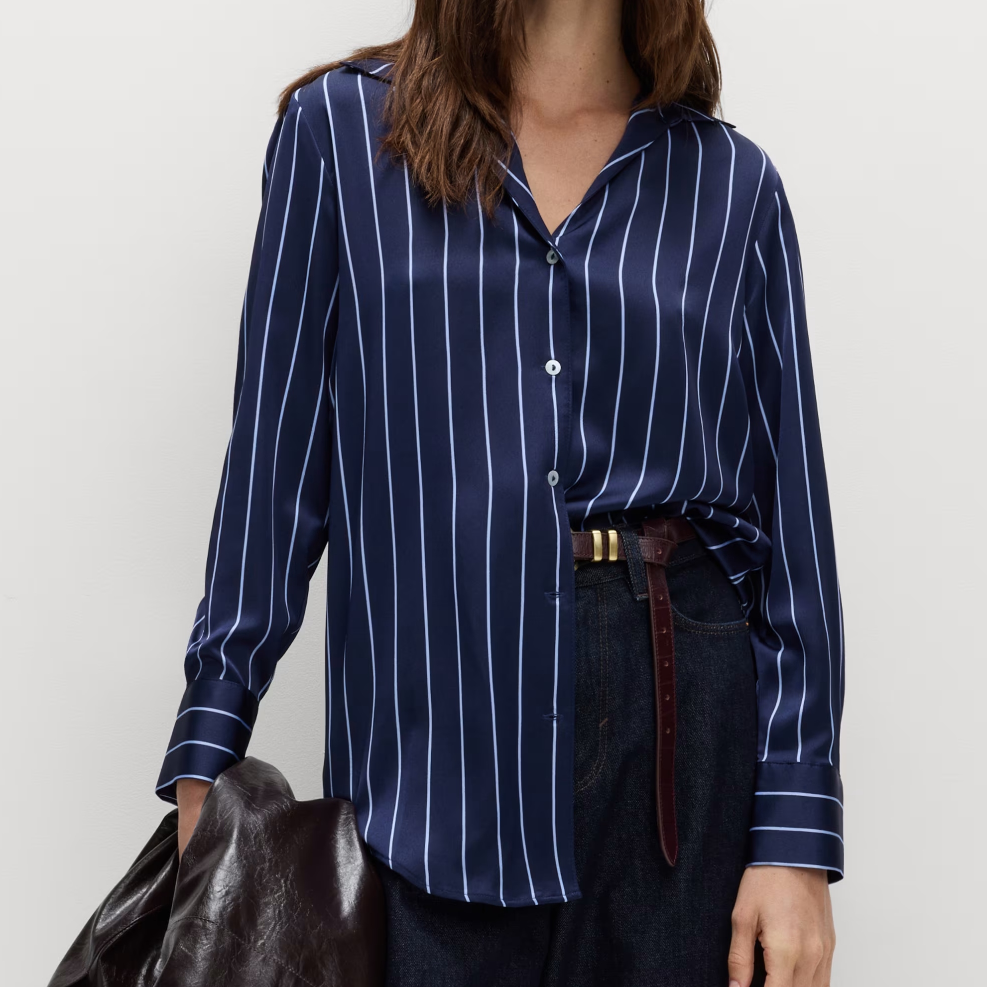 M&amp;amp;S Satin Navy Blue Stripe Collared Shirt