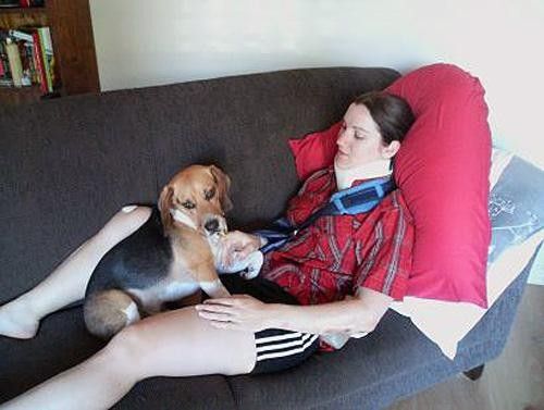 Meares relaxed on her first day back in Australia with her dog Bruce.