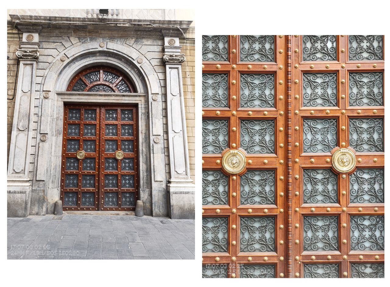 Two nearly identical photos of a large wooden door next to each other showing different processing