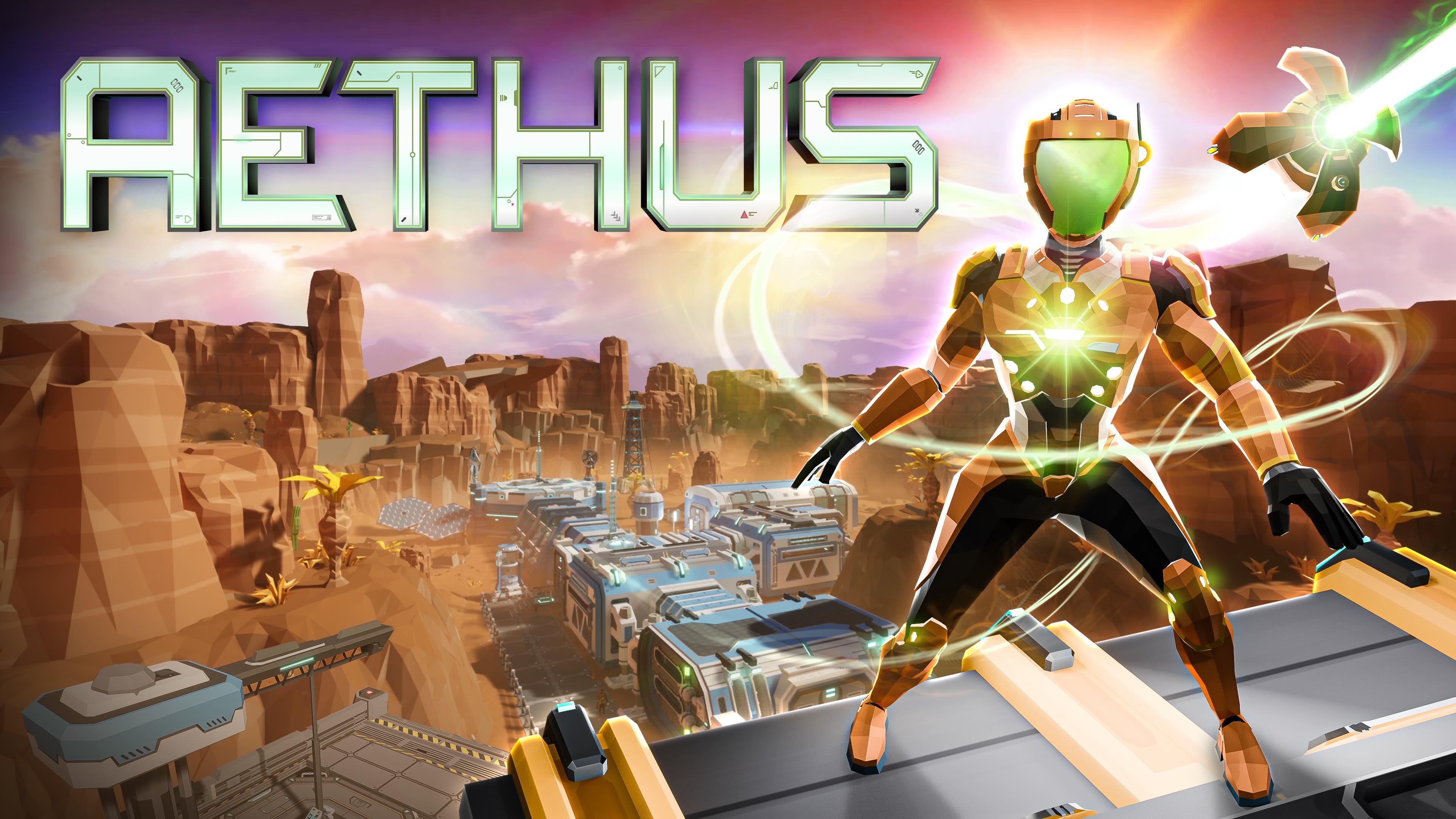 Key art for Aethus, showing a figure in a space suit standing on top of a large planetary base.