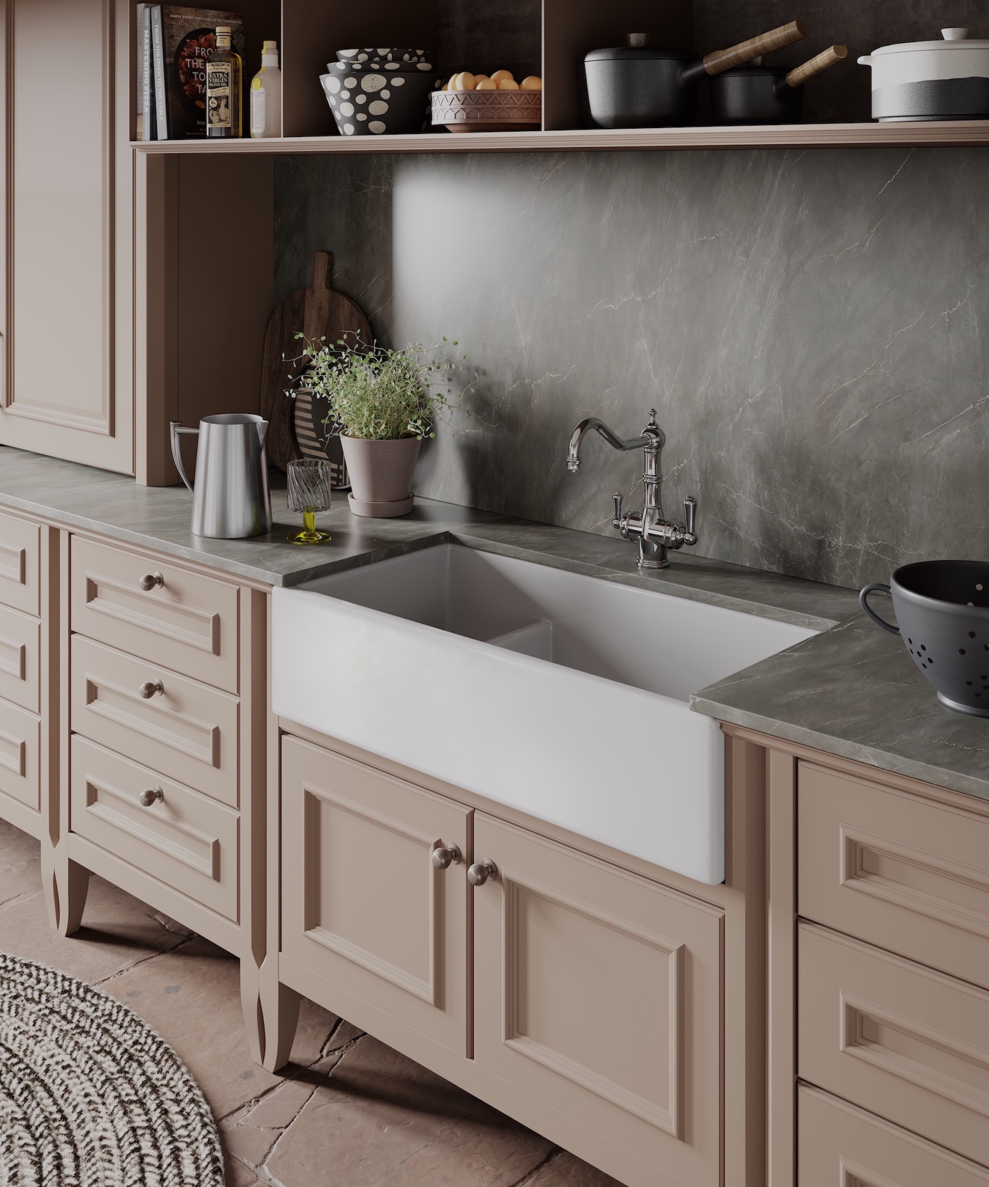 kitchen sink in pink cabinets