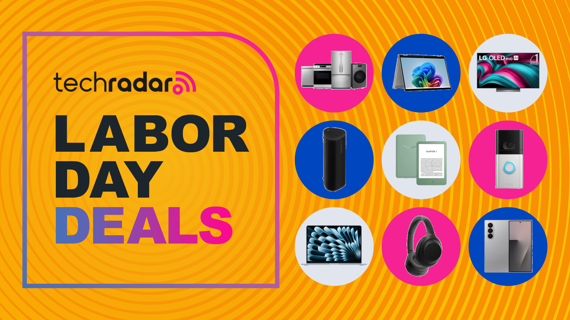 Collage of tech from the Best Buy Labor Day sale, including appliances, laptops, TVs, headphones, and phones, next to the TechRadar Labor Day deals logo