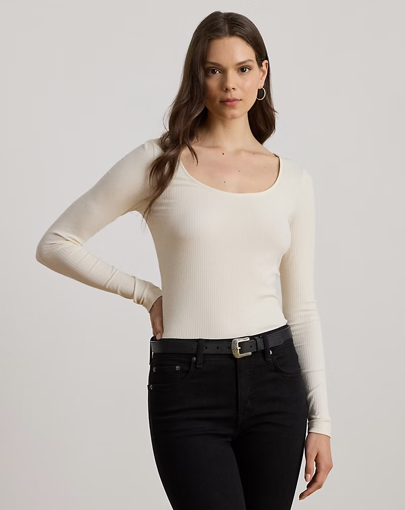 ralph lauren, Rib-Knit Long-Sleeve Scoopneck Tee