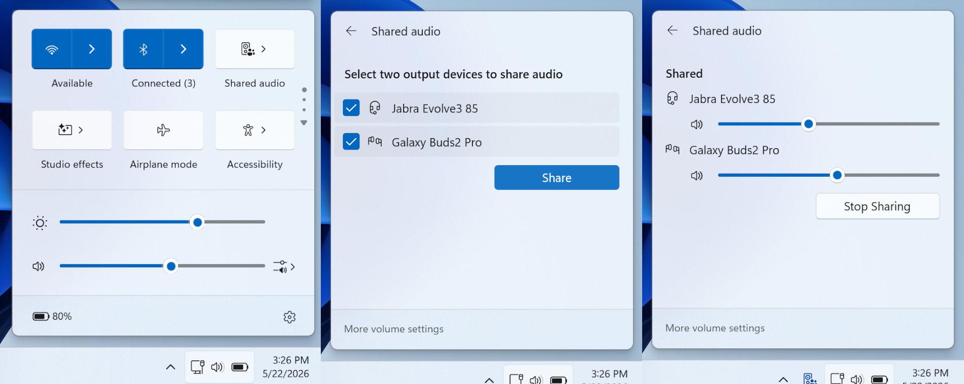 A collage of three images produced by Microsoft, showing the Quick Settings menu in Windows 11 and the Shared Audio feature introduced in the May 2026 Windows update