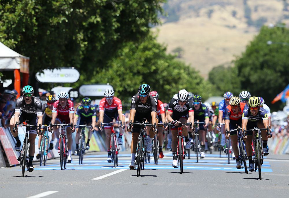 Sam Bennett (far left), danny van Poppel (center) Caleb Ewan (far right) battle for the stage 1 win at the Tour Down Under.