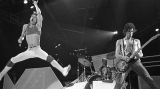 Mick Jagger (left) and Keith Richards perform with The Rolling Stones at the Rosemont Horizon in Chicago, Illinois on November 24, 1981