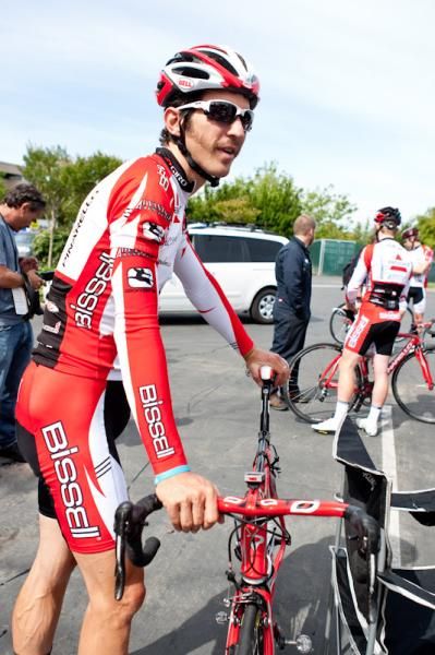 Ben Jacques-Maynes (BMC) grabs his bike for the morning ride.