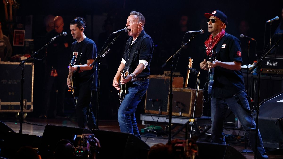 Bruce Springsteen (C) and Tom Morello (R) perform during the 2026 Power To The People Festival at Merriweather Post Pavilion on October 03, 2026 in Columbia, Ma
