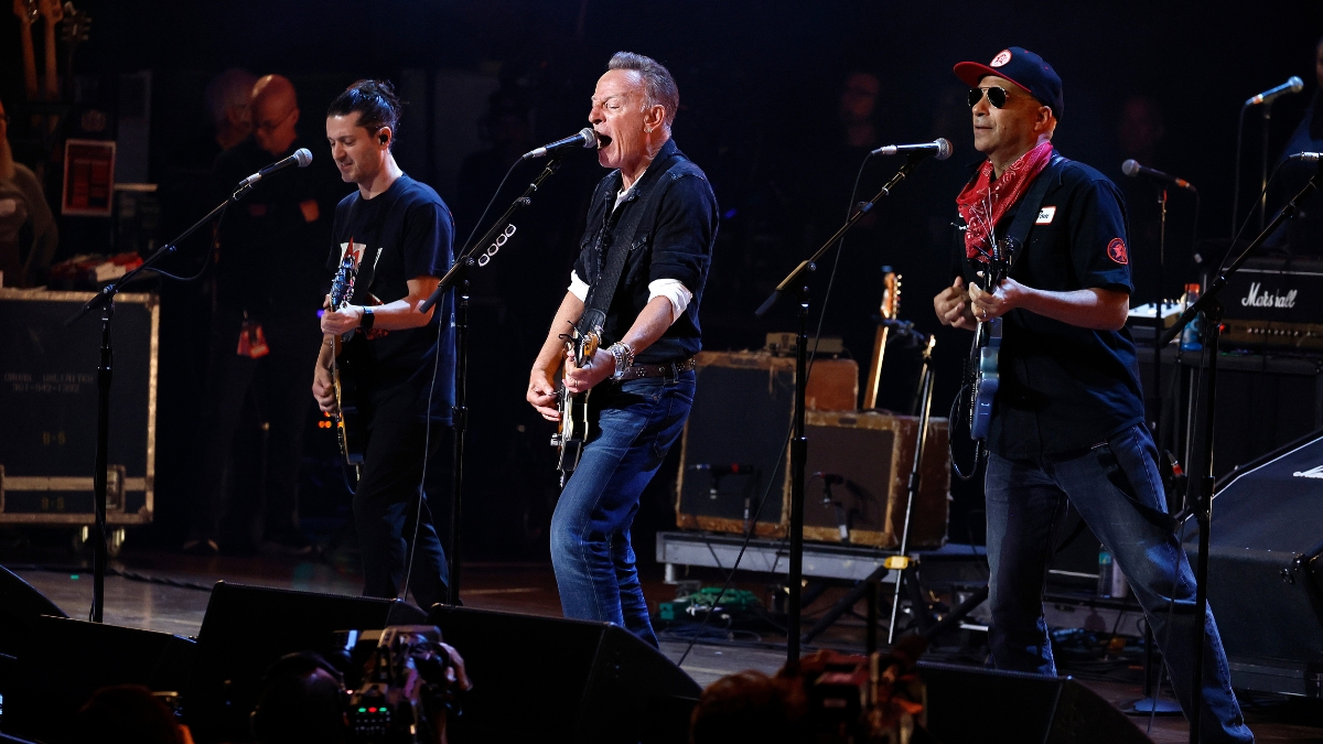 Bruce Springsteen (C) and Tom Morello (R) perform during the 2026 Power To The People Festival at Merriweather Post Pavilion on October 03, 2026 in Columbia, Maryland