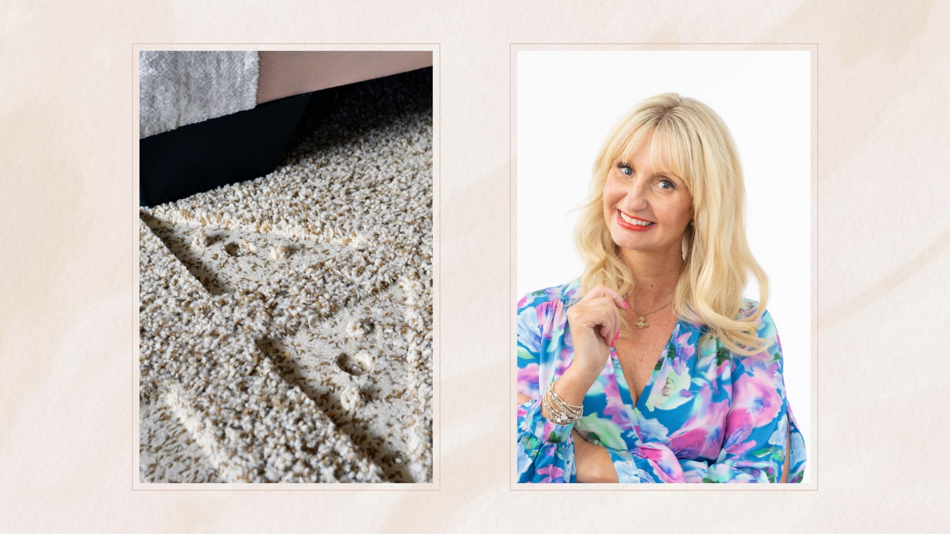  picture of carpet dents in beige carpet and cleaning expert Lynsey Crombie