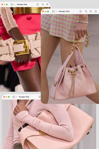 a collage of runway images depicting the bag color trend spring 2025 powder pink in Balmain, Chanel, and Ferragamo's collections