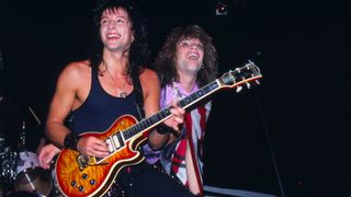 Richie Sambora and Jon Bon Jovi of the band Bon Jovi in concert at The Spectrum 10/12/1985 in Philadelphia 