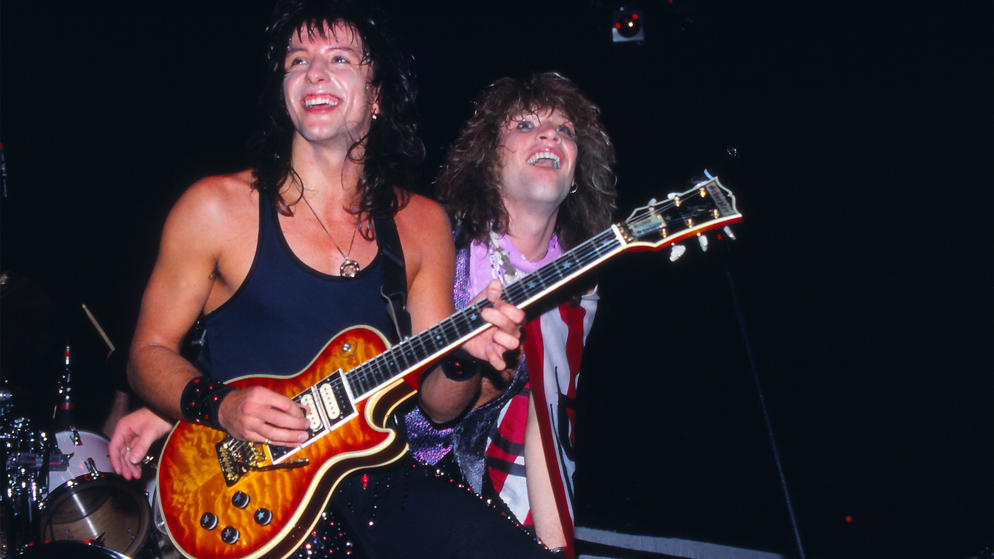 Richie Sambora and Jon Bon Jovi of the band Bon Jovi in concert at The Spectrum 10/12/1985 in Philadelphia 