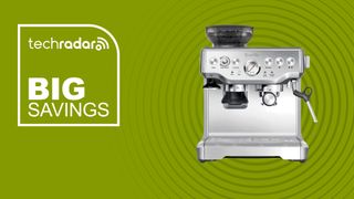 The Breville Barista Express on a green background with text saying Big Savings.