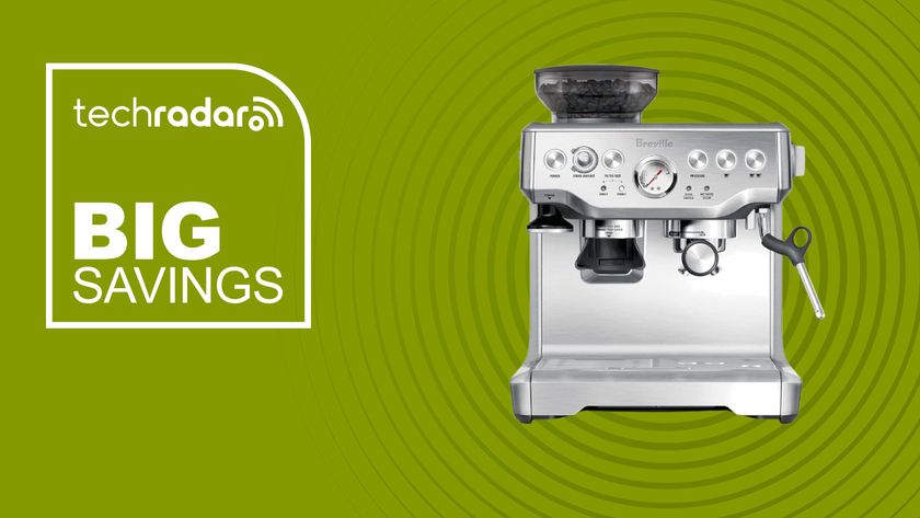 The Breville Barista Express on a green background with text saying Big Savings.
