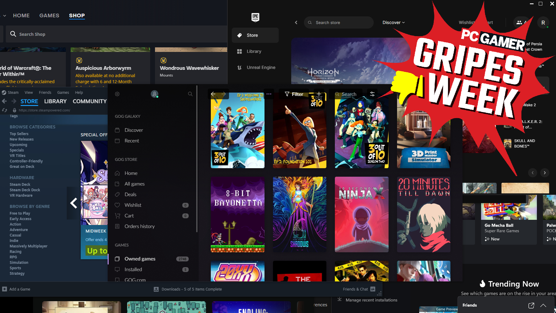 The various game launchers on PC layered over each other in a big mess.