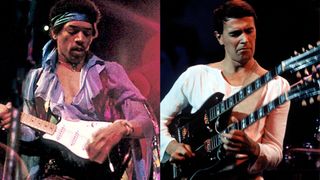 LEFT: JIMI HENDRIX, 27, playing on Friday at Electric Ladyland Studio in Manhattan, August 14, 1970. RIGHT: John McLAUGHLIN; performing with the Mahavishnu Orchestra