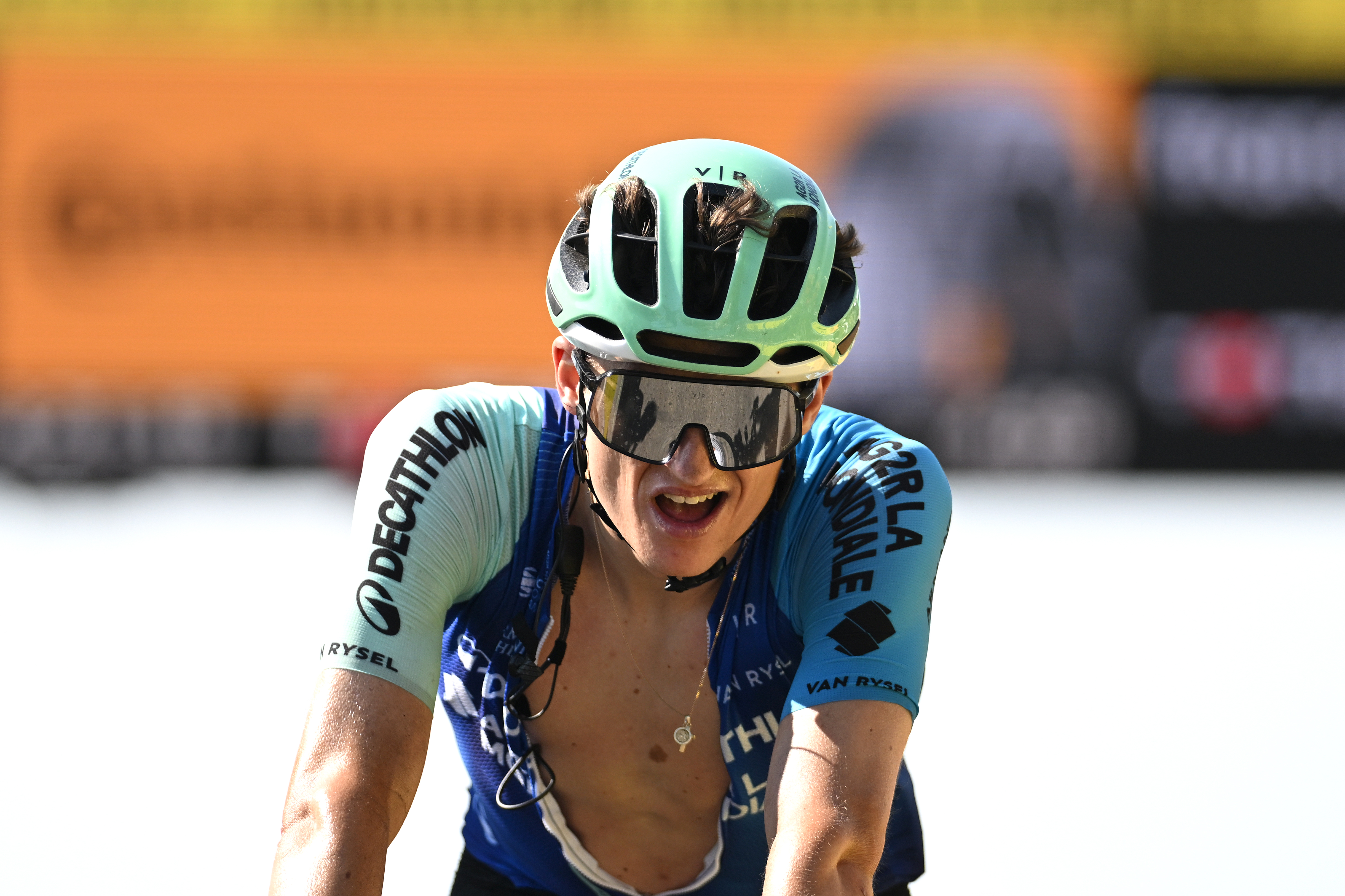 HAUTACAM, FRANCE - JULY 17: Felix Gall of Austria and Team Decathlon AG2R La Mondiale reacts after the 112th Tour de France 2025, Stage 12 a 180.6km stage from Auch to Hautacam 1519m / #UCIWT / on July 17, 2025 in Hautacam, France. (Photo by Tim de Waele/Getty Images)