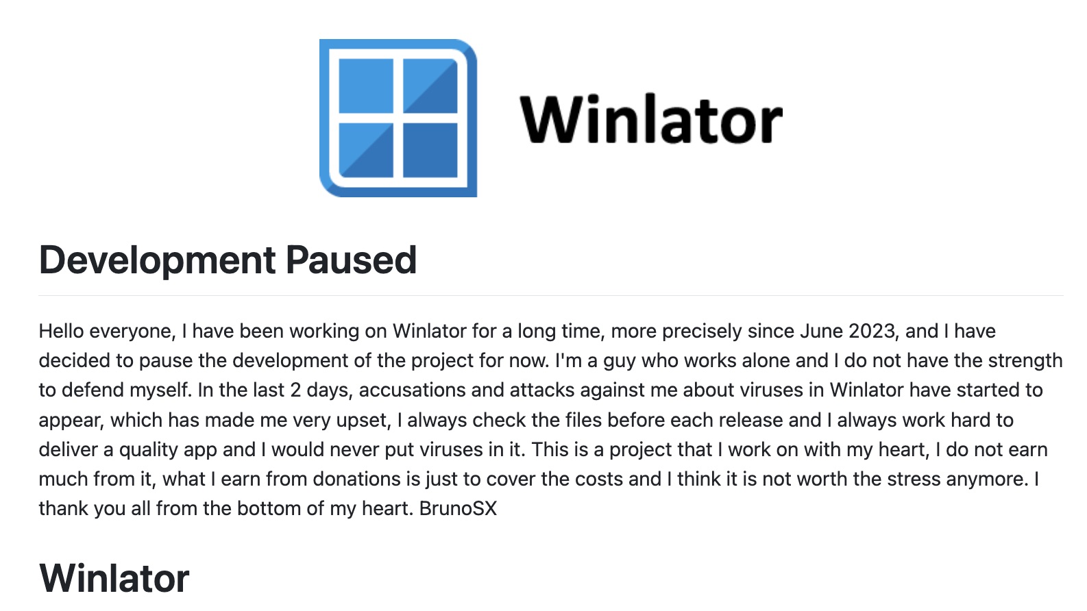 "Development Paused" notice on the Winlator GitHub page