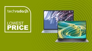 Dell XPS and Inspiron laptops on a green background