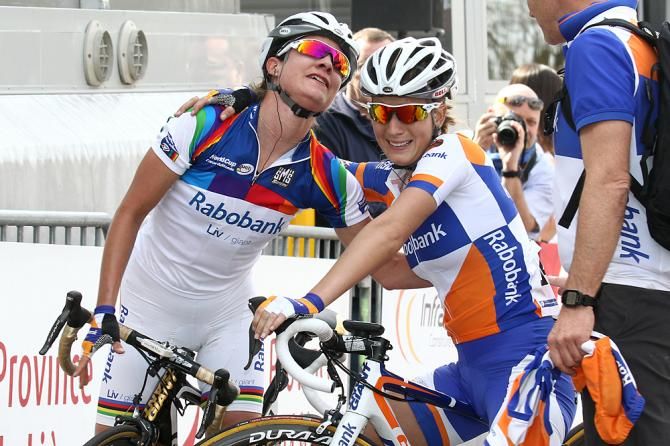 Marianne Vos (Rabo-Liv Giant) celebrates with Pauline Ferrand Prevot