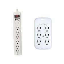 A white plastic power strip with six outlets