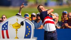 Justin Thomas hits his tee shot on the eighth hole during the Ryder Cup.